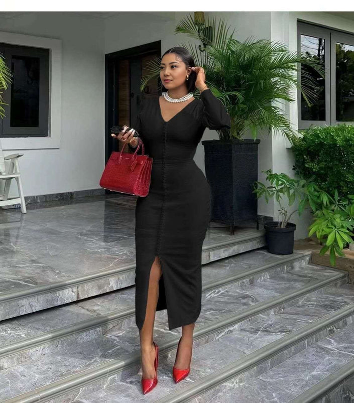 Black midi bodycon dress with V-neck long sleeves and front slit