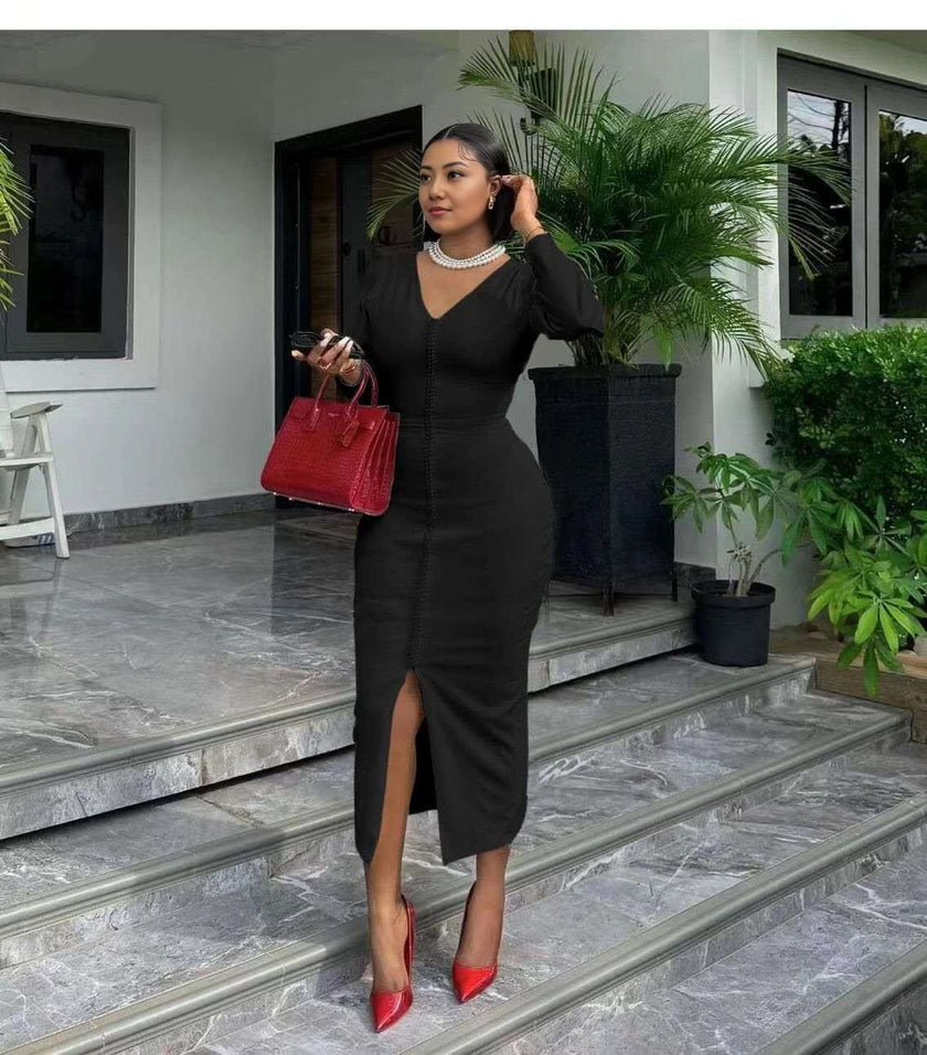 Black midi bodycon dress with V-neck long sleeves and front slit