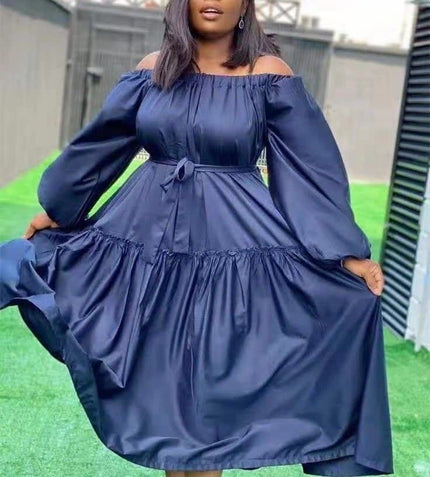 Off-shoulder maxi dress in dark blue with long puff sleeves and ruffle hem