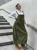 Olive maxi workwear dress with adjustable straps, front pockets, and gathered skirt