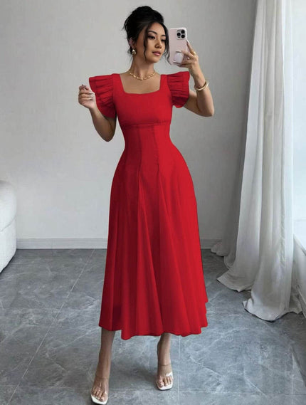 Red midi A-line dress with pleated skirt and puff sleeves