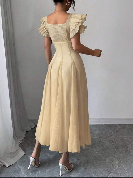 Tan midi A-line dress with pleated skirt and ruffled puff sleeves (back view)