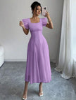 Light-purple midi A-line dress with pleated skirt and puff sleeves