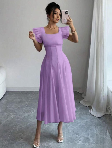 Light-purple midi A-line dress with pleated skirt and puff sleeves