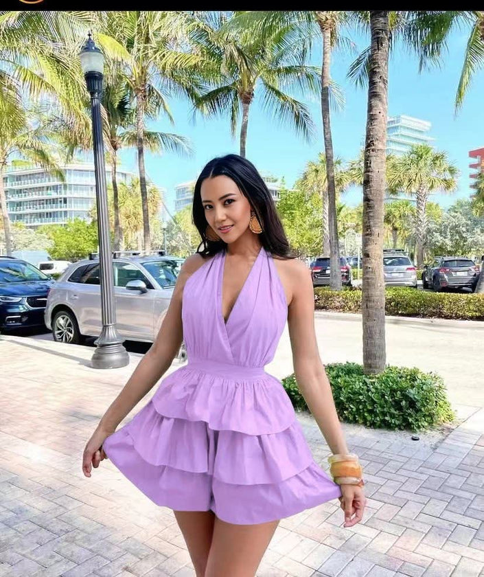 Layered halter jumpsuit, light-purple with tiered ruffle shorts