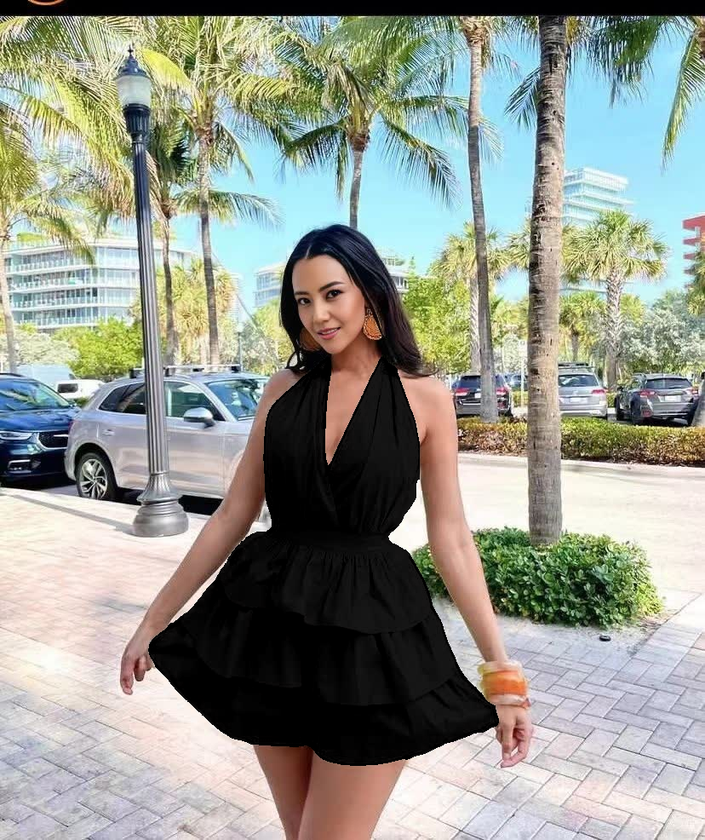 Layered halter jumpsuit, black with V halter and tiered ruffle shorts