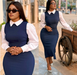 Navy-blue faux layered midi dress with white button-up sleeves and pointed collar