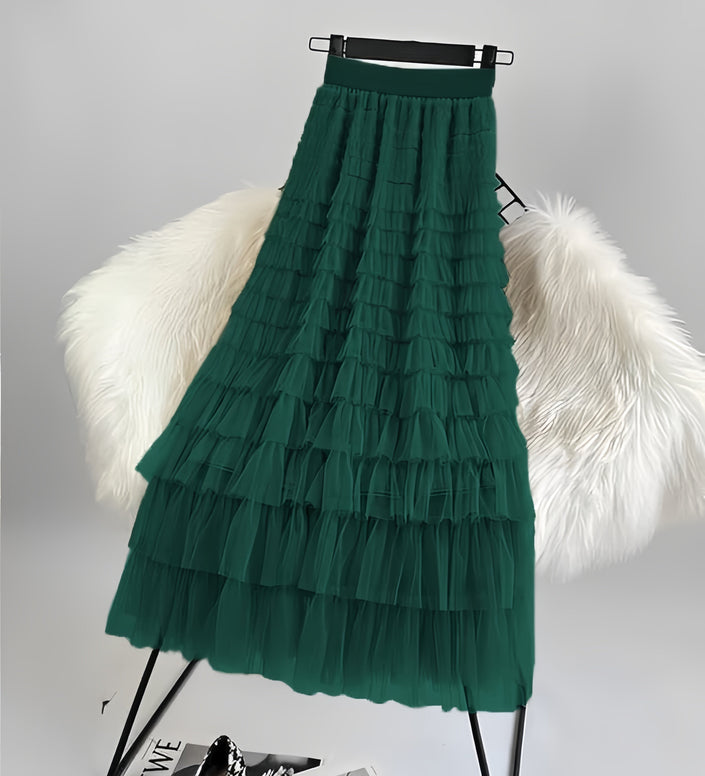 Dark-green pleated layered midi skirt with ruffled tiers and tulle-like texture