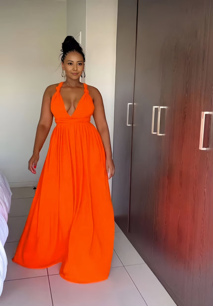 Halter neck maxi dress with plunging V neckline, orange, gathered skirt