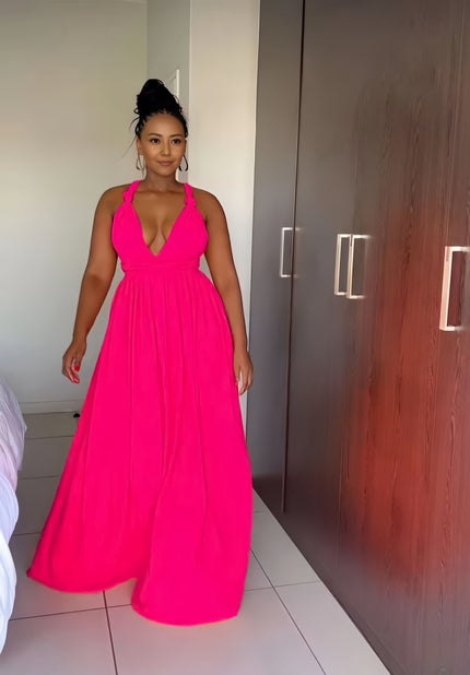 Halter neck maxi dress with plunging V neckline, hot pink, gathered skirt