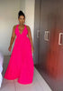 Elegant Halter Top Maxi Dress with Plunging Neckline and Full Skirt