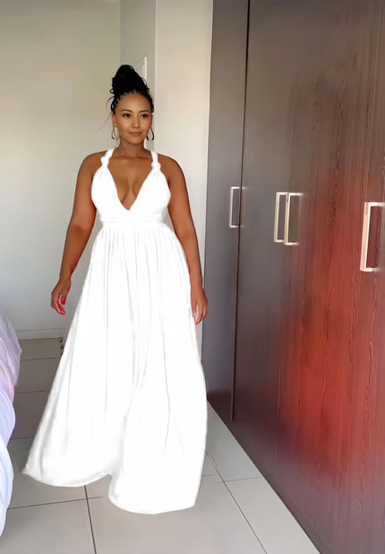 Halter neck maxi dress with plunging V neckline, white, gathered skirt