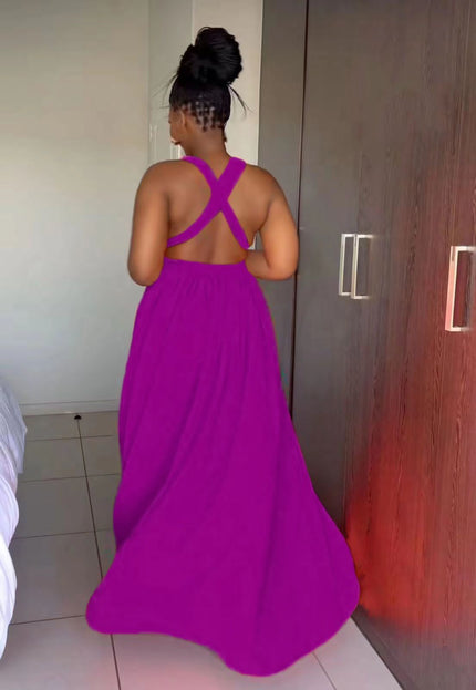 Crisscross halter maxi dress, deep purple, flowing gathered skirt