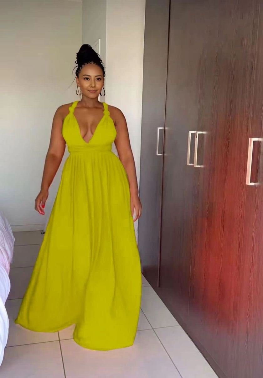 Elegant Halter Top Maxi Dress with Plunging Neckline and Full Skirt