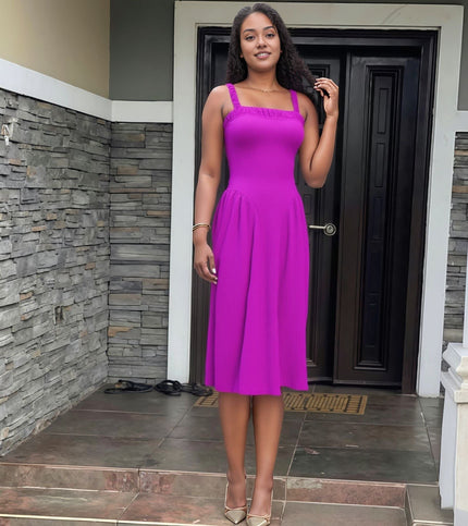 Magenta pleated maxi dress with square neckline and gathered straps, sleeveless fit