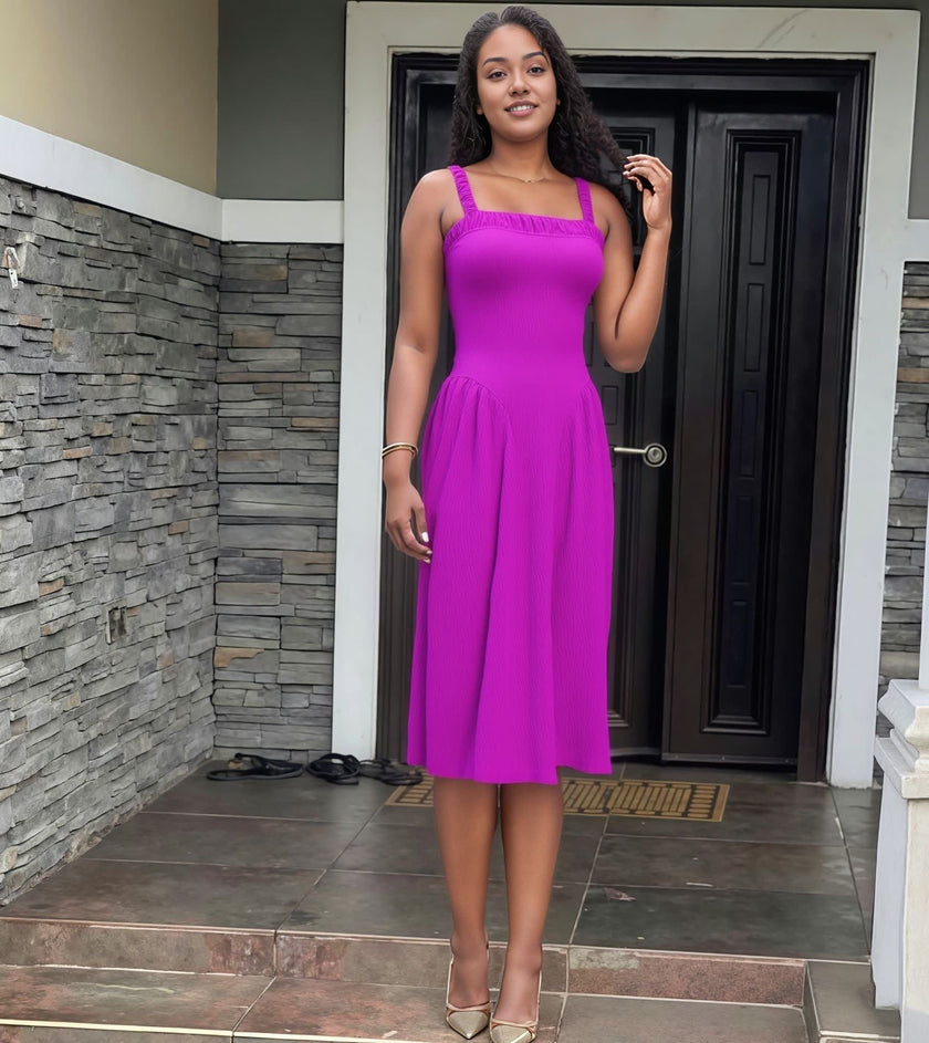 Magenta pleated maxi dress with square neckline and gathered straps, sleeveless fit