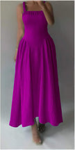 Magenta pleated maxi dress with square neckline and gathered straps, tiered skirt