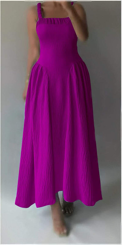 Magenta pleated maxi dress with square neckline and gathered straps, tiered skirt
