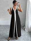 Schwarzes Maxi-Kleid mit V-Ausschnitt und weißen Kontraststreifen, ärmellos