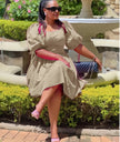 Women's Puff Sleeve Dress with Ruched Bodice and A-Line Skirt