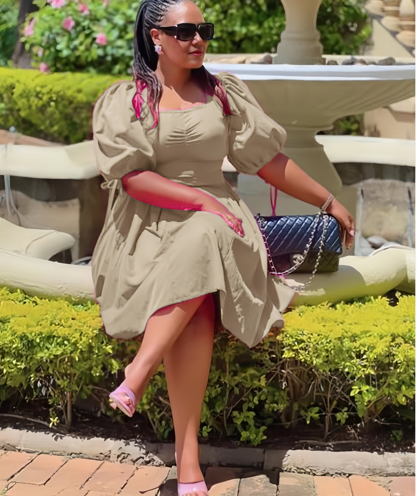 Women's Puff Sleeve Dress with Ruched Bodice and A-Line Skirt