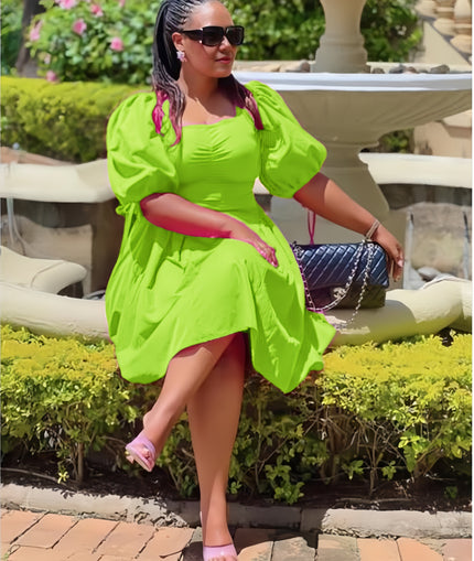 Green puff-sleeve A-line dress with ruched bodice and gathered skirt