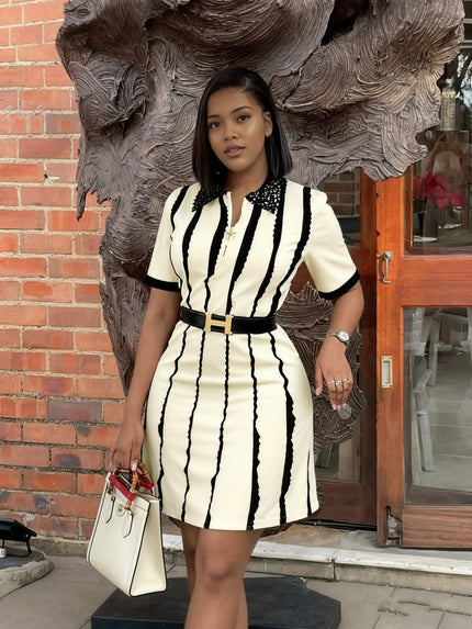Cream-and-black striped V-neck dress with short sleeves and lace-look neckline trim