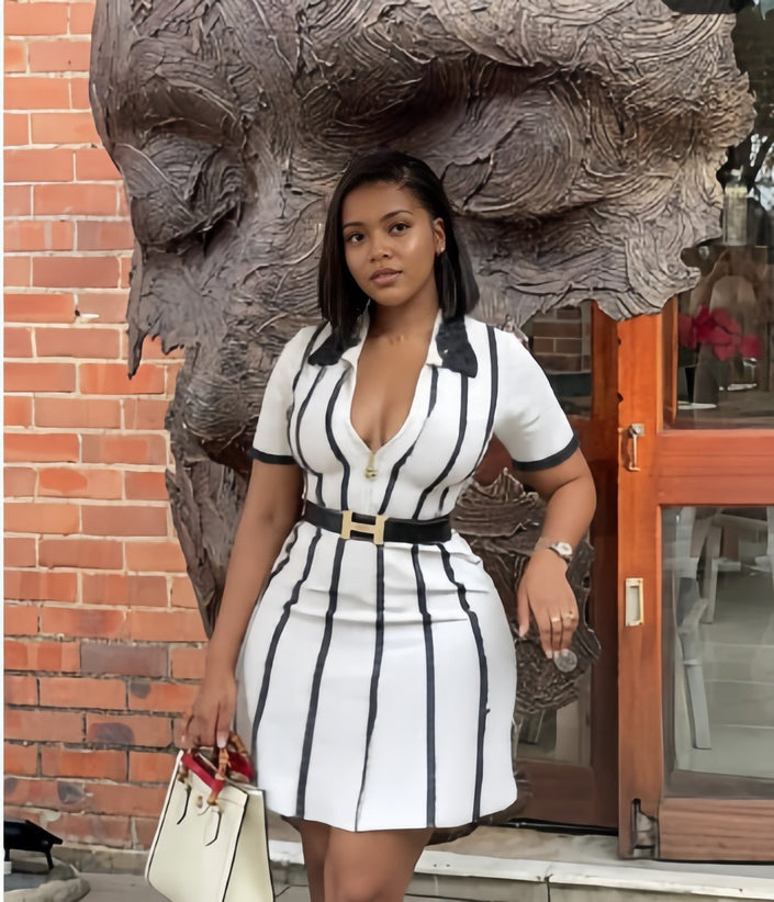 White striped V-neck dress with black vertical stripes, short sleeves, belt, lace neckline