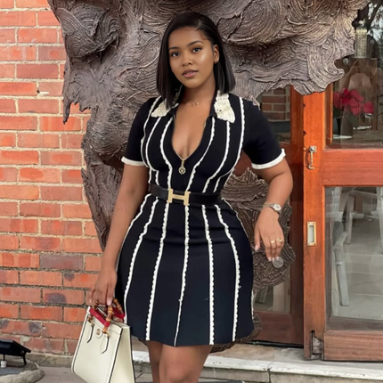 Navy striped V-neck dress with white vertical stripes, belt, short sleeves, lace-trim neckline