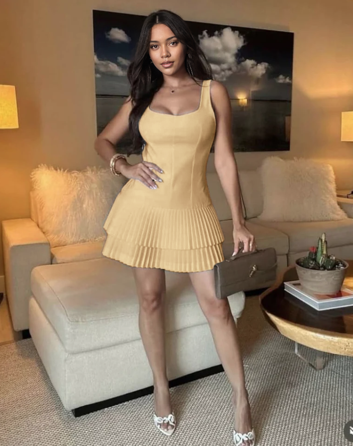 Tan sleeveless pleated mini dress with tiered ruffle skirt and square neckline