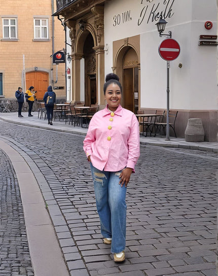 Hot-pink vintage style button-up shirt with gold-tone buttons and stand collar