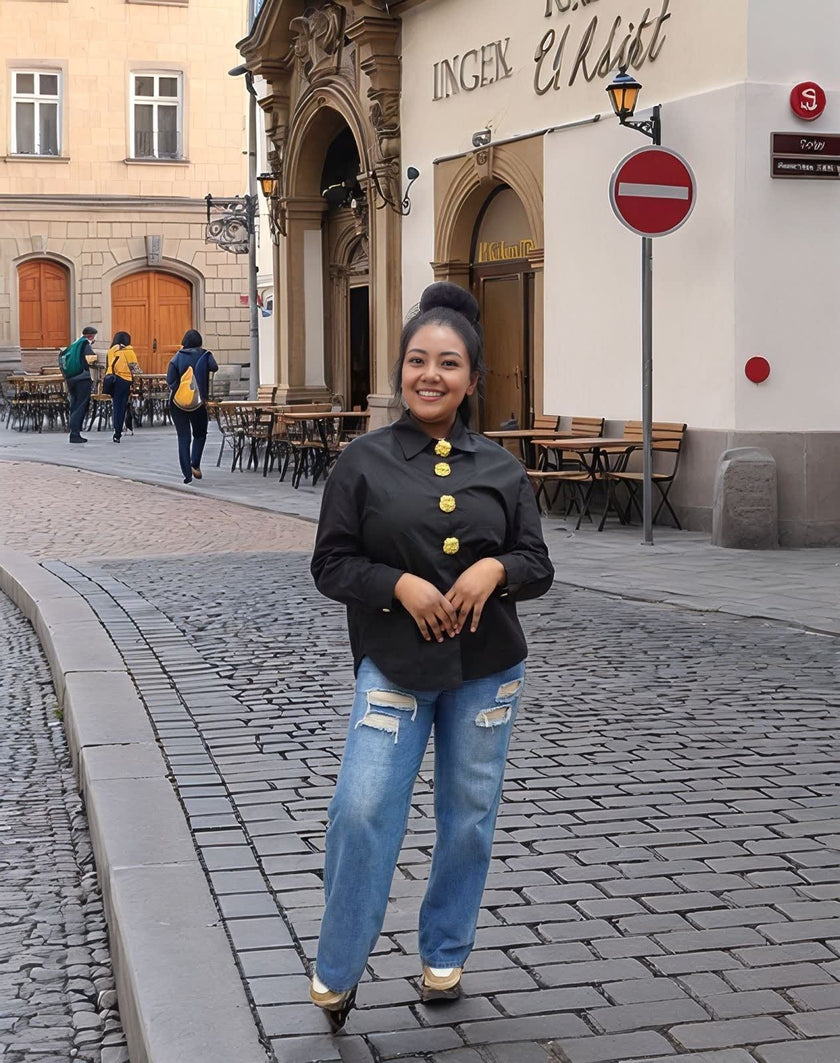 Vintage Style Long Sleeve Shirt with Gold Button Accents