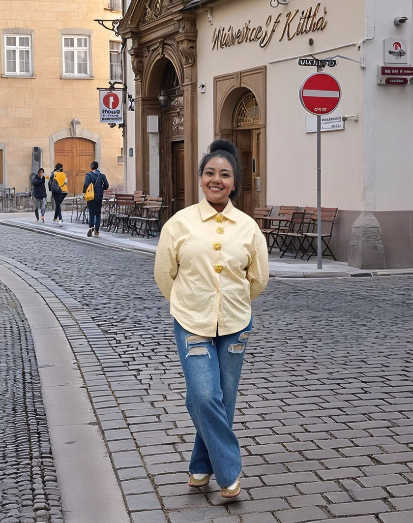 Vintage Style Long Sleeve Shirt with Gold Button Accents