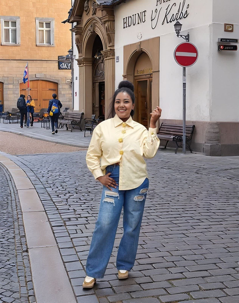 Vintage Style Long Sleeve Shirt with Gold Button Accents