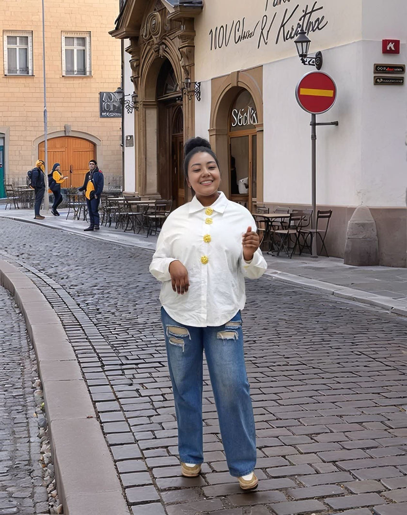 Vintage Style Long Sleeve Shirt with Gold Button Accents