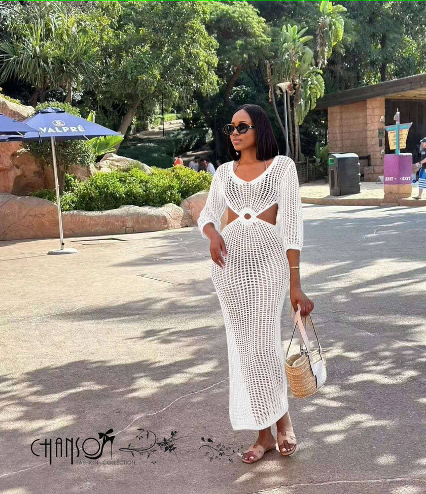 White crochet maxi dress with V neckline and circular back cutout, 3/4 sleeves