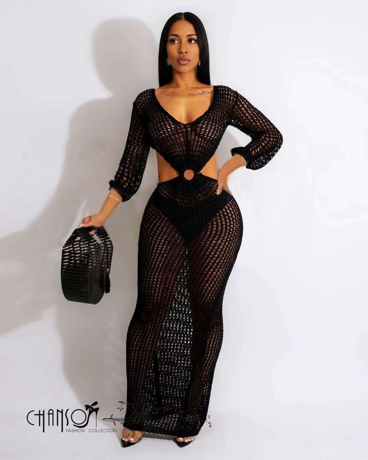 Black crochet maxi dress with V neckline and waist cutout, long sleeves