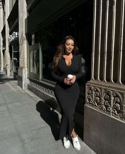 Black knitted midi dress, slim fit, V-neck, long sleeves, side slit