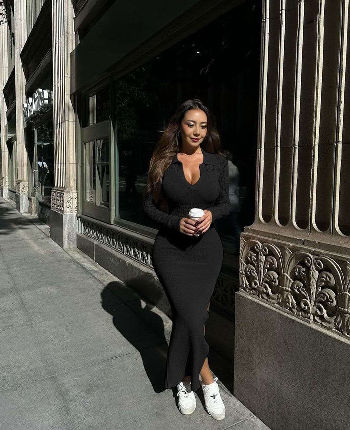 Black knitted midi dress, slim fit, V-neck, long sleeves, side slit