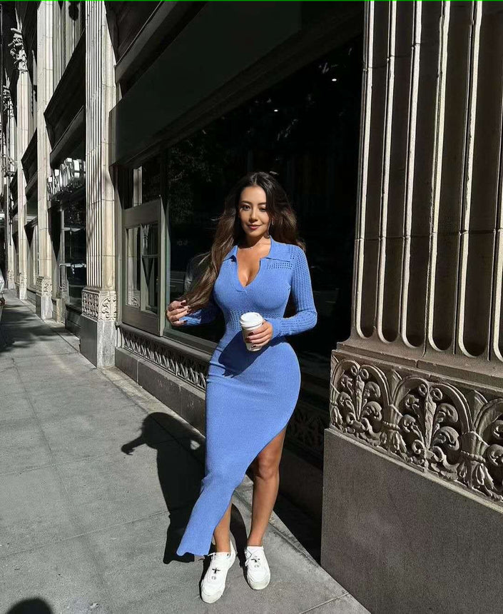 Sky-blue knitted midi dress, slim fit, V-neck, long sleeves, side slit