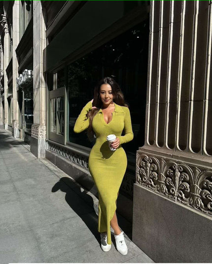 Green-yellow knitted midi dress, slim fit, V-neck, long sleeves, side slit