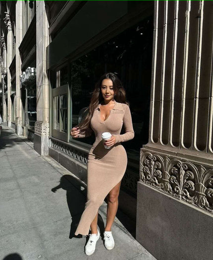 Nude knitted midi dress, slim fit, V-neck, long sleeves, side slit