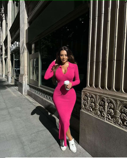 Hot-pink knitted midi dress, slim fit, V-neck, long sleeves, side slit