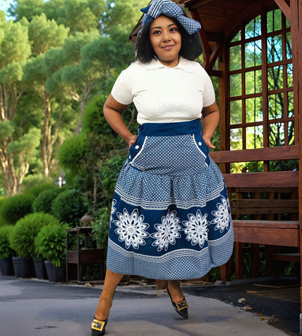 A-line vintage skirt in navy with white floral medallions and contrast trim