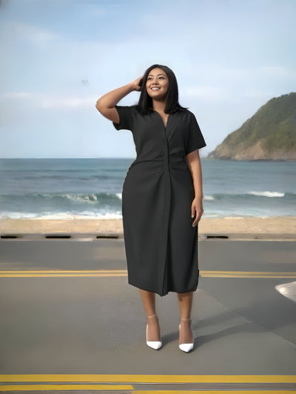 Black midi dress with V-neck, short sleeves, ruched waist knot