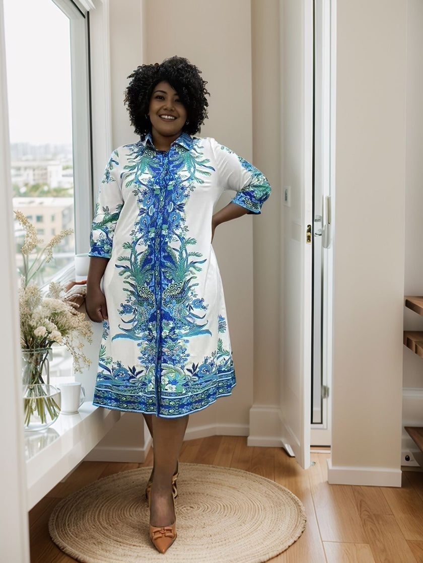 Women's Floral Midi Dress with Button-Down Closure and Elegant Silhouette