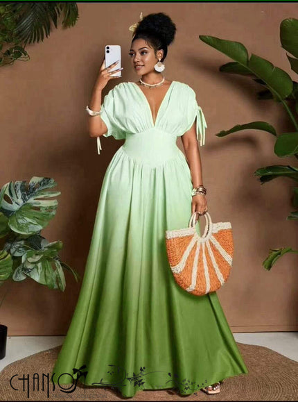 Deep V tie-sleeve gradient maxi dress, light green, full skirt flare