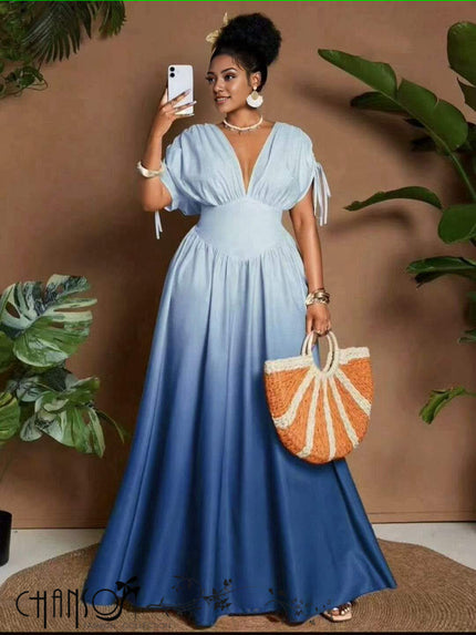 Gradient maxi dress with deep V neckline and tie sleeves, blue
