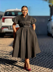 Dress Puff Sleeve V-Neck Mid-Length Belted Chic