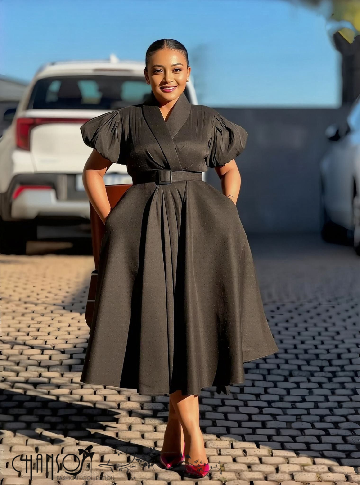 Dress Puff Sleeve V-Neck Mid-Length Belted Chic